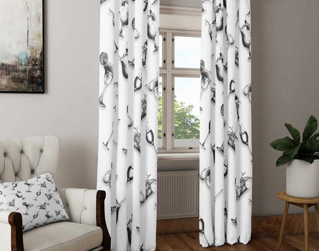 Black and White Cocktail Drinks Pattern Window Curtains - Deja Blue Studios