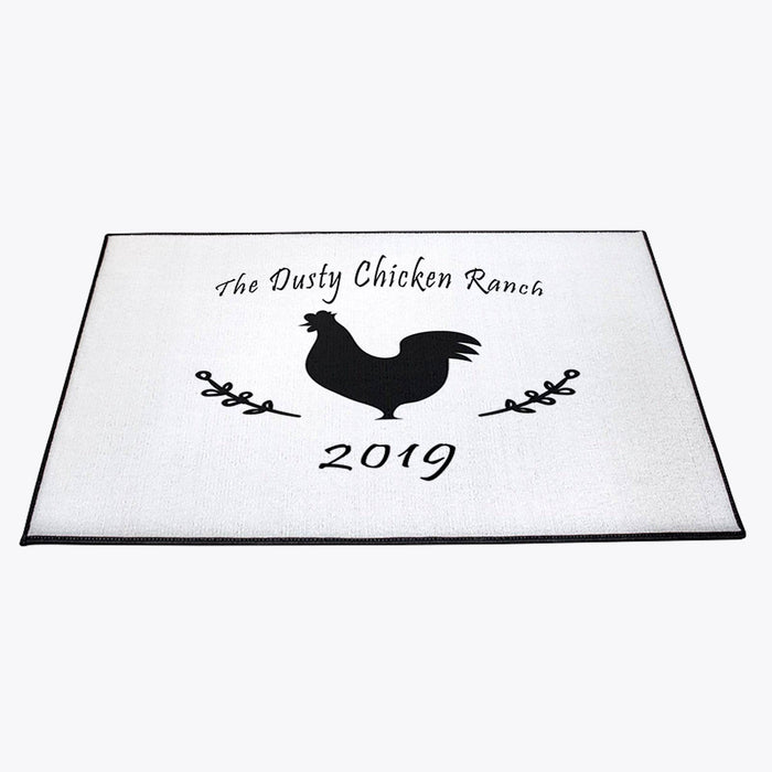 Personalized Black and White Chicken Farmhouse Door Rug | Front Doormat - Deja Blue Studios