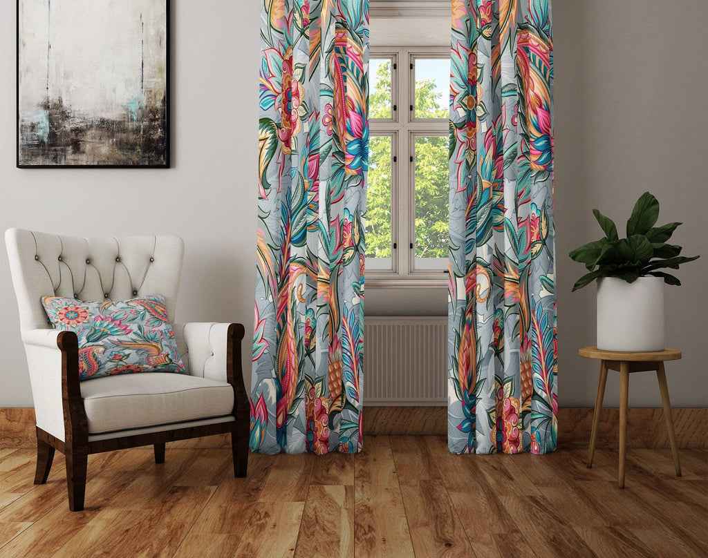 Gray Floral and Paisley Window Curtains - Deja Blue Studios