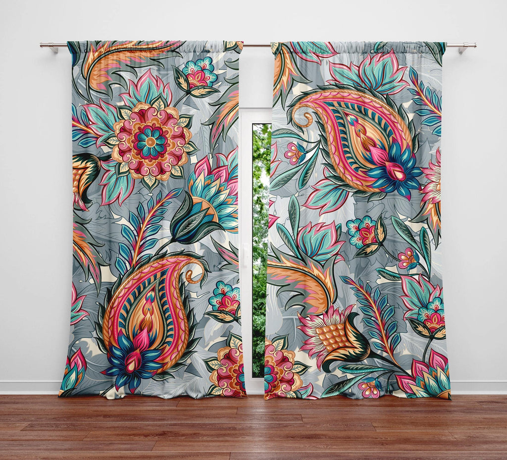 Gray Floral and Paisley Window Curtains - Deja Blue Studios