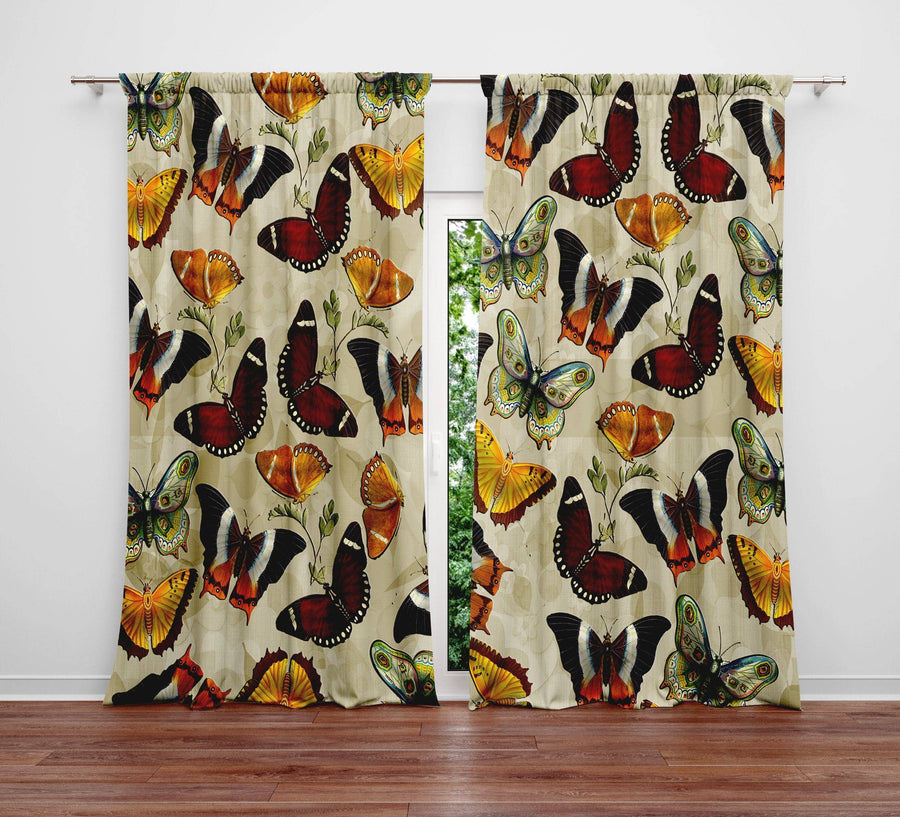 Beige Butterfly Window Curtains - Deja Blue Studios