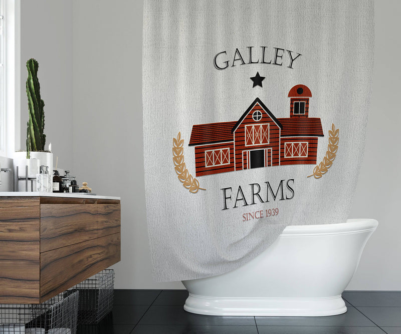 Personalized Rustic Red Barn Farmhouse Shower Curtain | Farm Name | Country Bathroom - Deja Blue Studios
