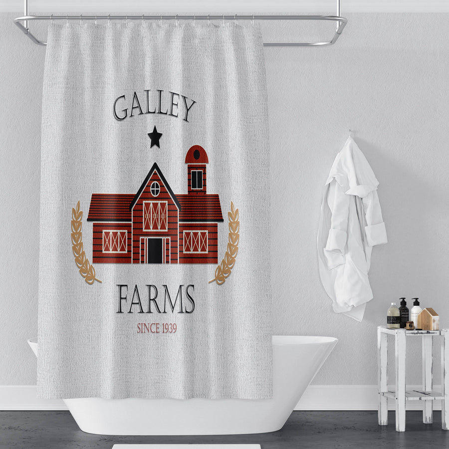 Personalized Rustic Red Barn Farmhouse Shower Curtain | Farm Name | Country Bathroom - Deja Blue Studios
