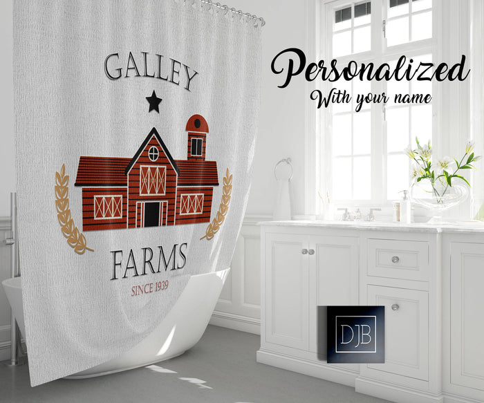 Personalized Rustic Red Barn Farmhouse Shower Curtain | Farm Name | Country Bathroom - Deja Blue Studios