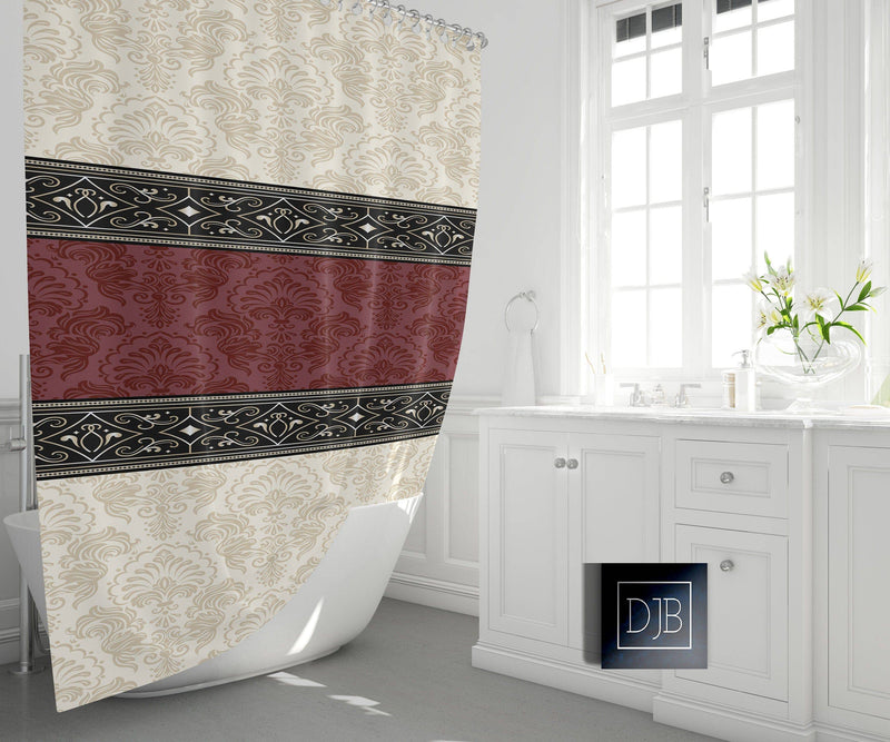Beige and Burgundy Damask Shower Curtain | Victorian Style Print - Deja Blue Studios