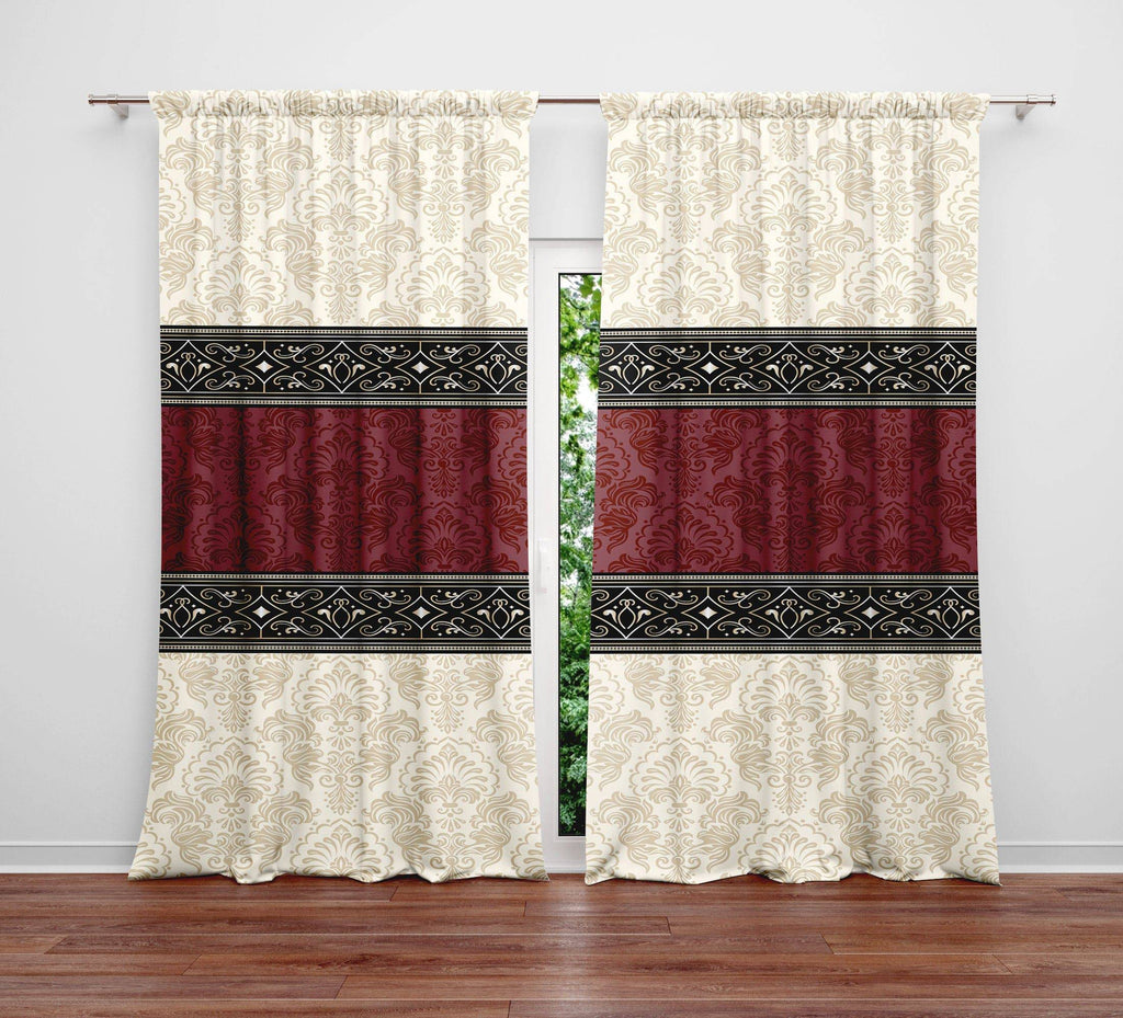 Beige and Burgundy Damask Pattern Window Curtains - Deja Blue Studios