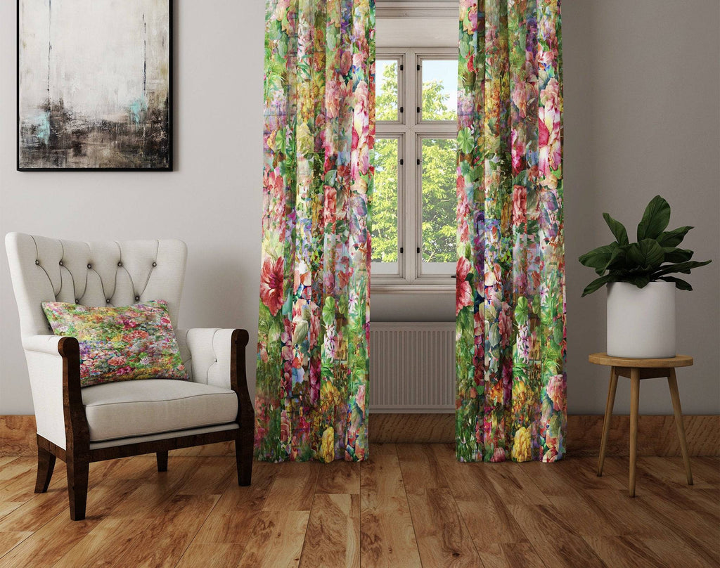 Calming Green Boho Floral Window Curtains - Deja Blue Studios