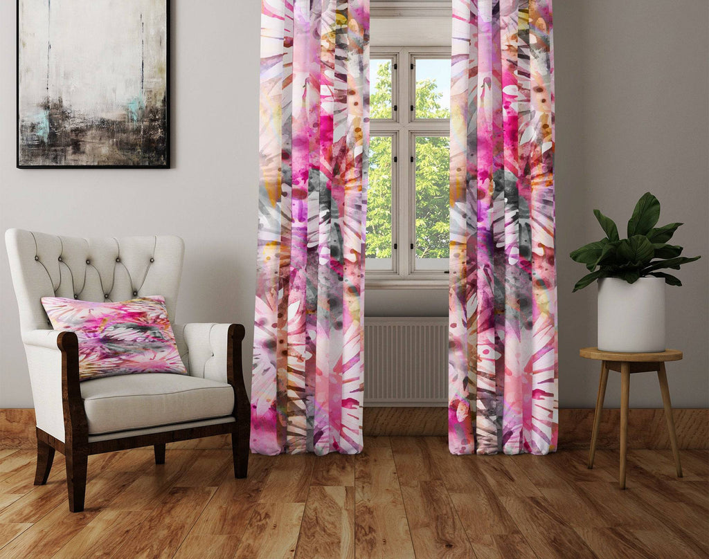 Pink Watercolor Daisies Window Curtains - Deja Blue Studios