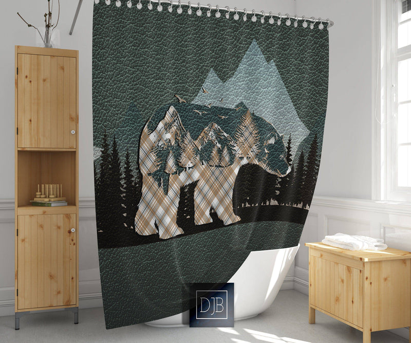 Rustic Mountains and Plaid Bear Shower Curtain | Forest, Wildlife Shower Curtain | Hunting, Outdoors - Deja Blue Studios