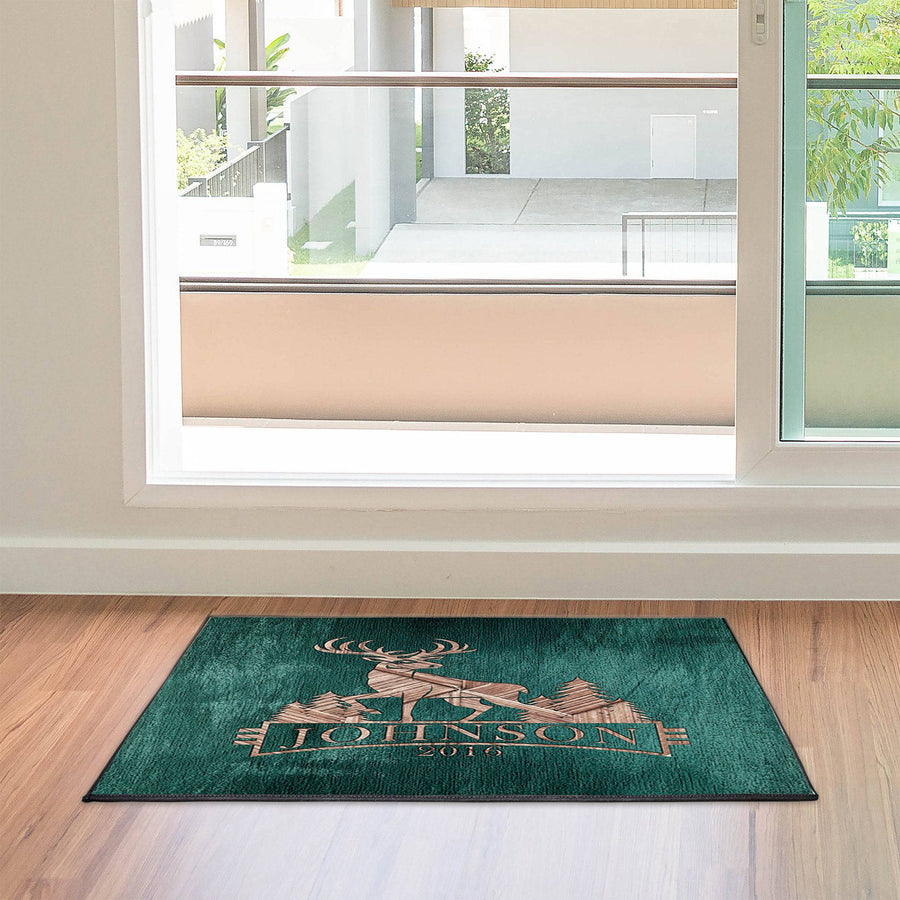 Personalized Green Whitetail Deer Door Rug | Front Doormat | Rustic, Cottage, Woodland, Cabin - Deja Blue Studios