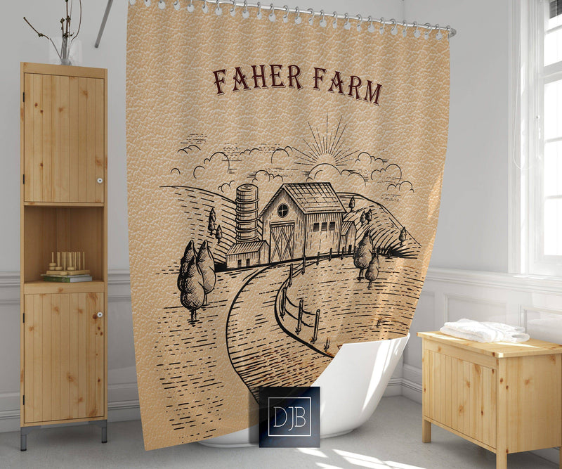Personalized Tan Leather Farm Field Shower Curtain | Farmhouse Shower Curtain - Deja Blue Studios