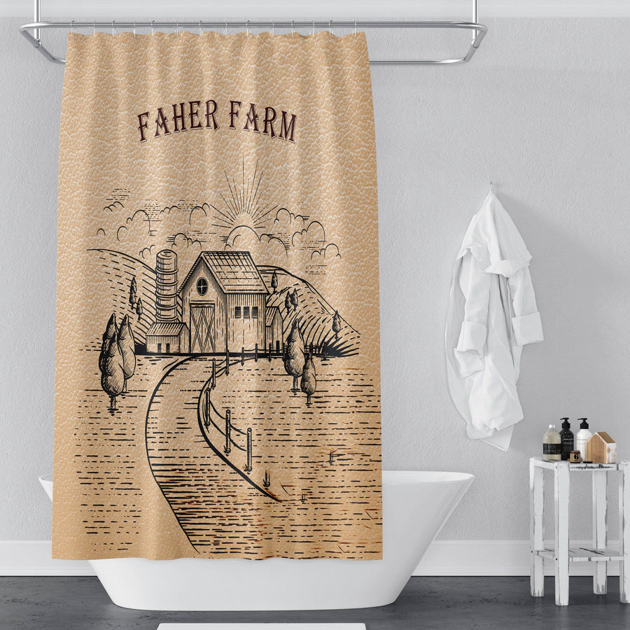 Personalized Tan Leather Farm Field Shower Curtain | Farmhouse Shower Curtain - Deja Blue Studios