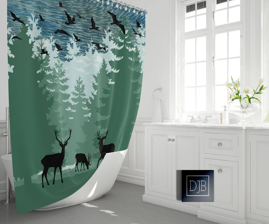 Rustic Forest Deer Shower Curtain | Forest Silhouette Bathroom Decor | Green and Blue Shower Curtain - Deja Blue Studios