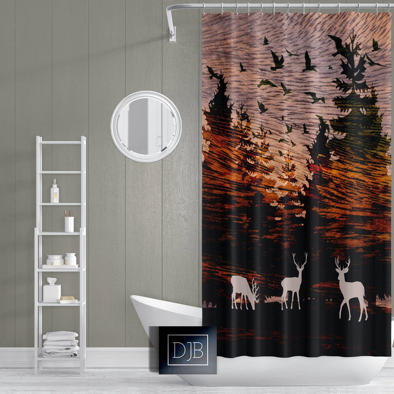 Rustic Sunset Woodland Shower Curtain | Forest, Wildlife, Deer, Birds Shower Curtain | Hunting, Outdoors - Deja Blue Studios