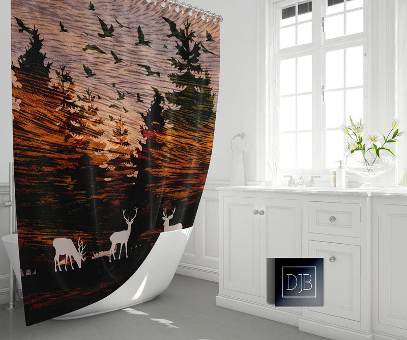 Rustic Sunset Woodland Shower Curtain | Forest, Wildlife, Deer, Birds Shower Curtain | Hunting, Outdoors - Deja Blue Studios