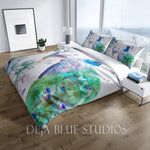 Watercolor Peacock and Hummingbird Comforter or Duvet Cover - Deja Blue Studios