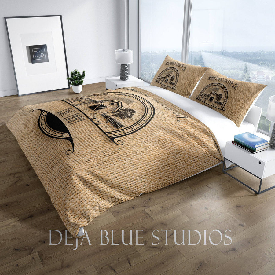 Personalized Duvet Cover | Rustic Farmhouse Bedding | Twin, Queen, King Size | Cow and Pig | Farm Name Logo | Pillow Shams - Deja Blue Studios