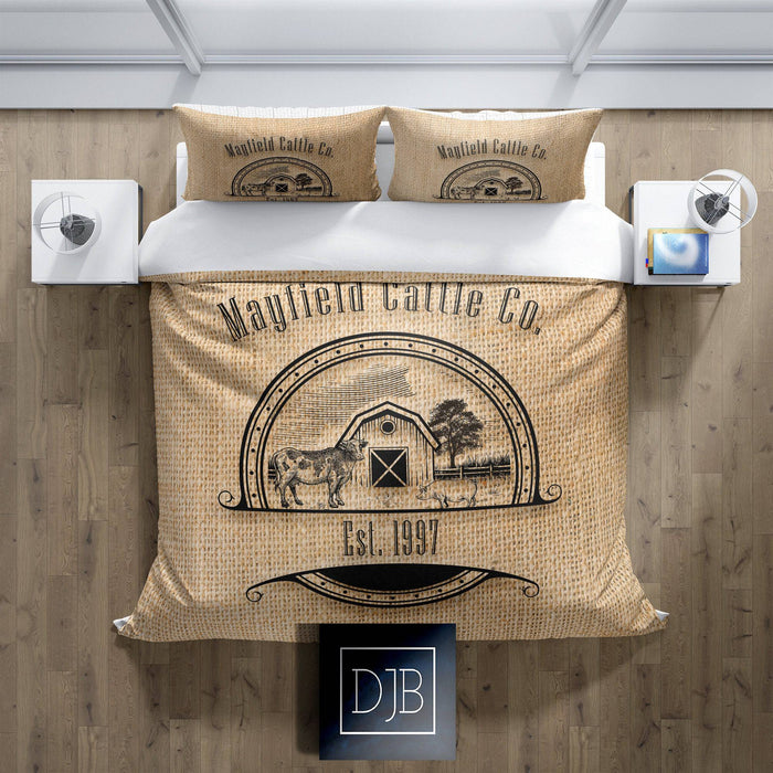 Personalized Duvet Cover | Rustic Farmhouse Bedding | Twin, Queen, King Size | Cow and Pig | Farm Name Logo | Pillow Shams - Deja Blue Studios