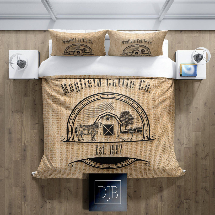 Personalized Duvet Cover | Rustic Farmhouse Bedding | Twin, Queen, King Size | Cow and Pig | Farm Name Logo | Pillow Shams - Deja Blue Studios