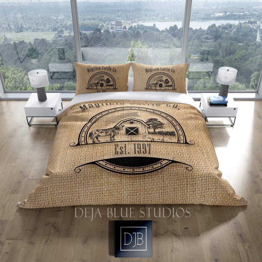 Personalized Duvet Cover | Rustic Farmhouse Bedding | Twin, Queen, King Size | Cow and Pig | Farm Name Logo | Pillow Shams - Deja Blue Studios