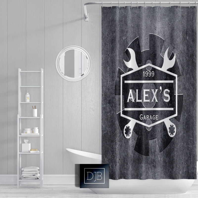 Personalized Garage Shower Curtain | Gear and Wrench Logo | Steel Gray - Deja Blue Studios