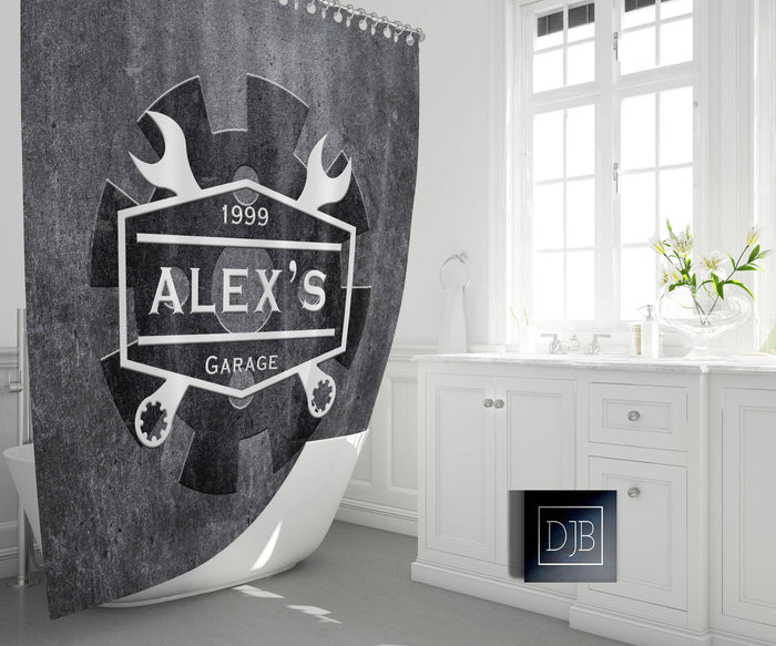 Personalized Garage Shower Curtain | Gear and Wrench Logo | Steel Gray - Deja Blue Studios