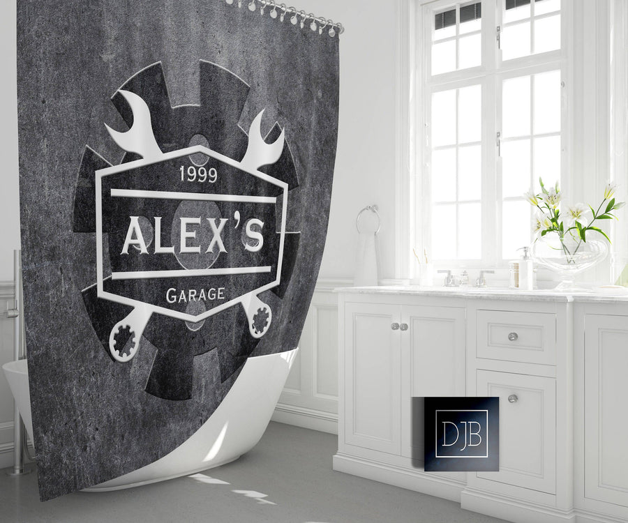 Personalized Garage Shower Curtain | Gear and Wrench Logo | Steel Gray - Deja Blue Studios