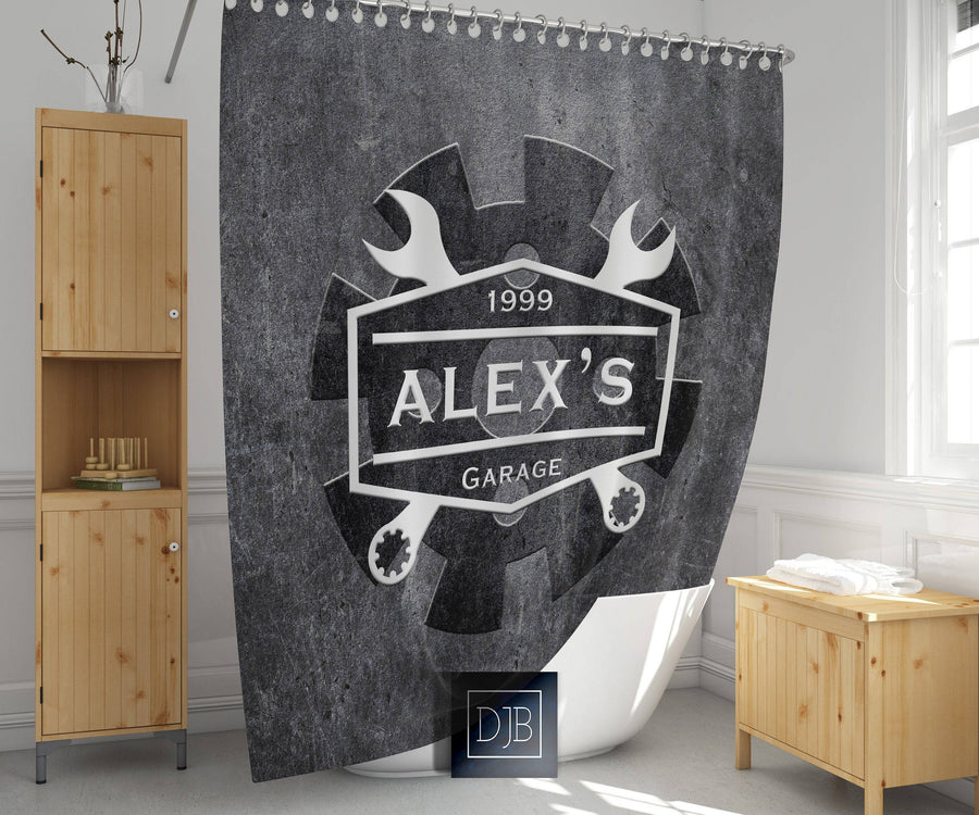 Personalized Garage Shower Curtain | Gear and Wrench Logo | Steel Gray - Deja Blue Studios