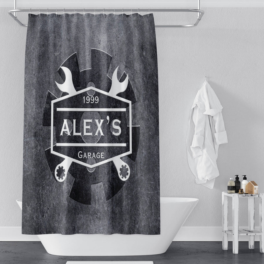 Personalized Garage Shower Curtain | Gear and Wrench Logo | Steel Gray - Deja Blue Studios