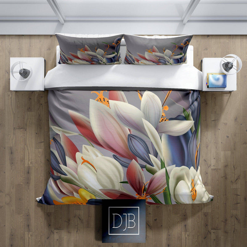 Gray Floral Comforter or Duvet Cover | Twin, Queen, King Size Bedding | Artistic Flower Print - Deja Blue Studios