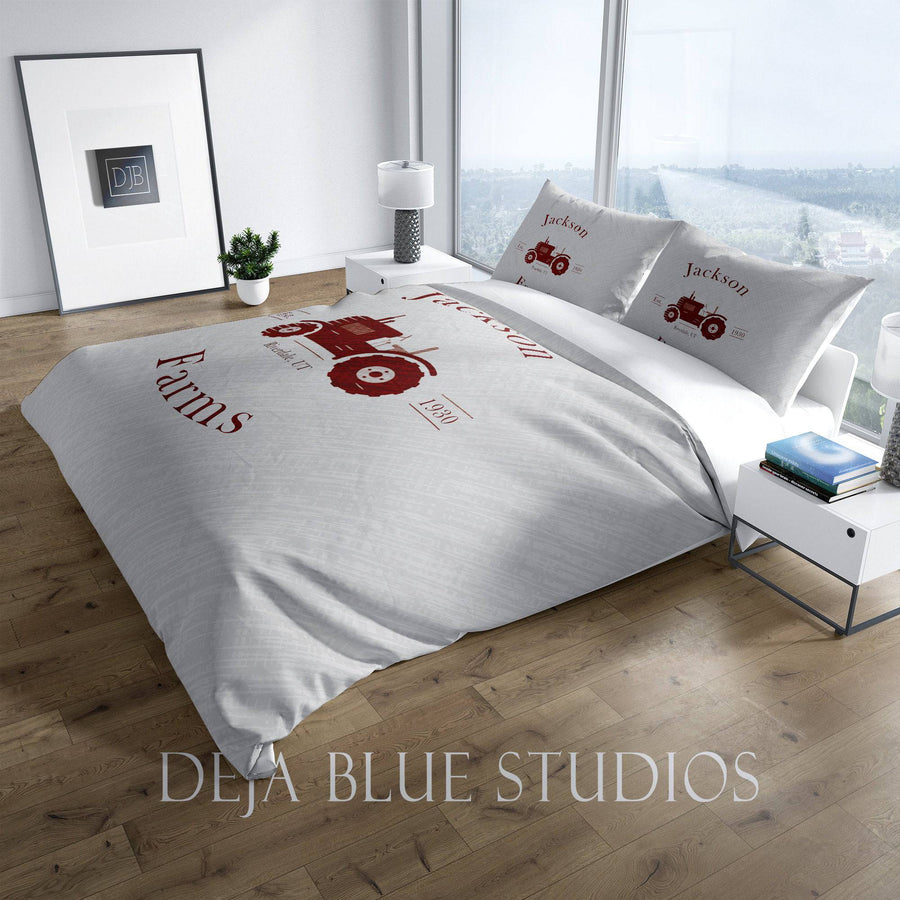 Personalized Bedding, Comforter or Duvet Cover| Red Tractor, Farm Name with Established Date | Twin, Queen, King Size | Farmhouse Bedding - Deja Blue Studios
