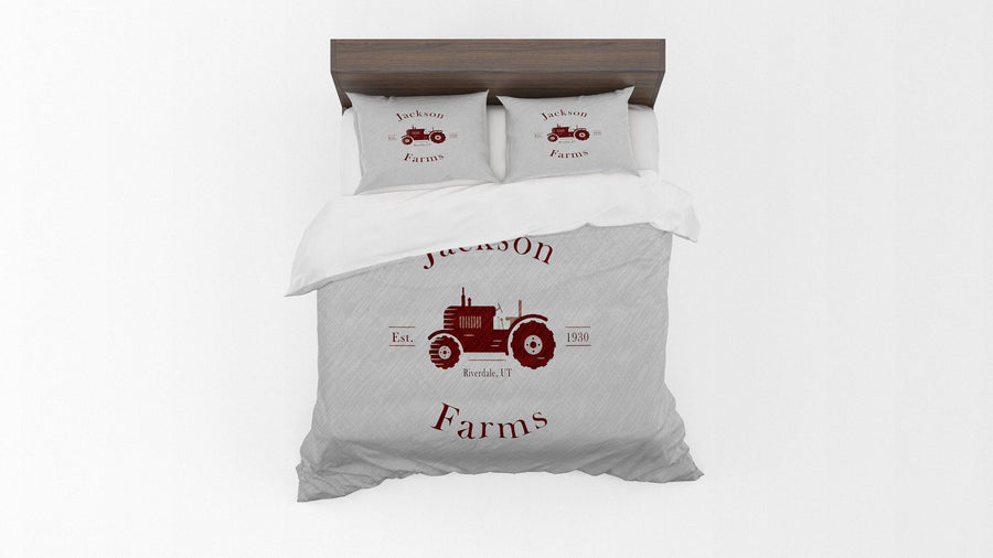 Personalized Bedding, Comforter or Duvet Cover| Red Tractor, Farm Name with Established Date | Twin, Queen, King Size | Farmhouse Bedding - Deja Blue Studios