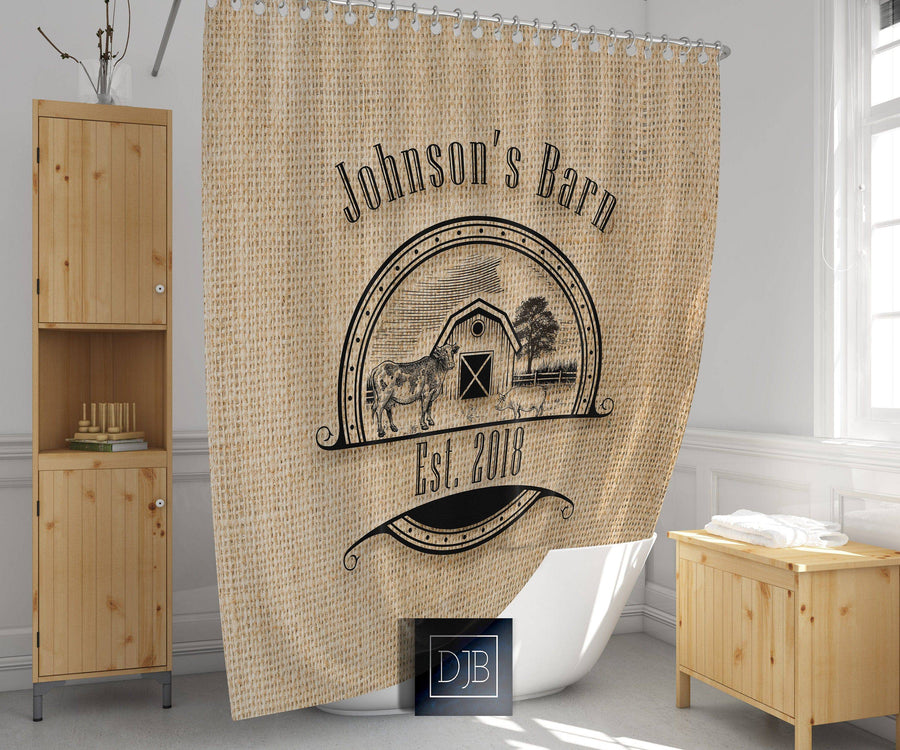 Rustic Farmhouse Shower Curtain Personalized | Cow and Pig Logo on Faux Burlap or Rustic Wood Print - Deja Blue Studios