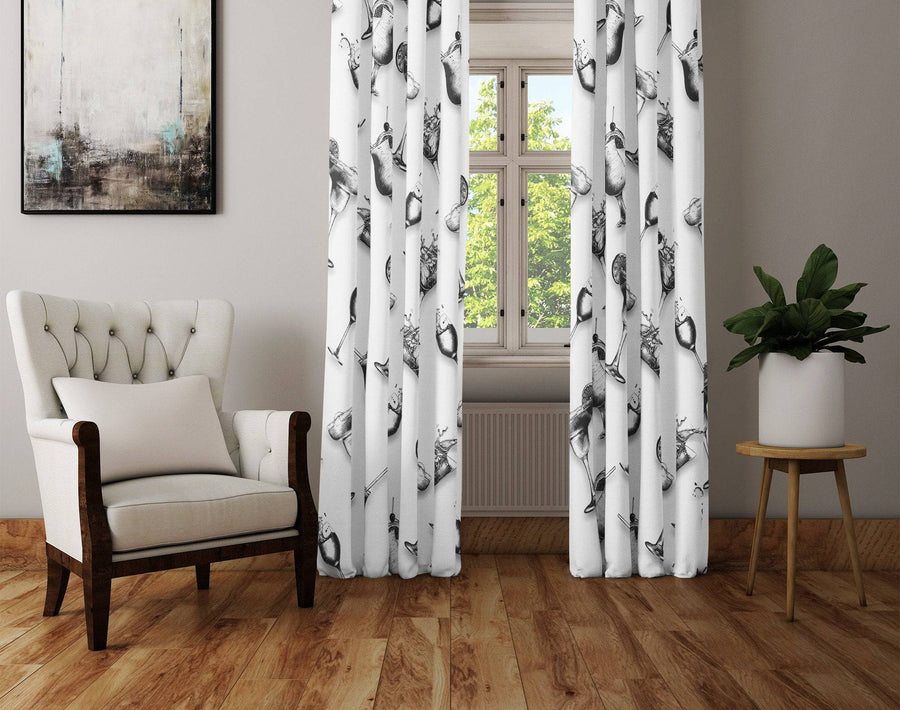 Black and White Cocktail Drinks Pattern Window Curtains - Deja Blue Studios