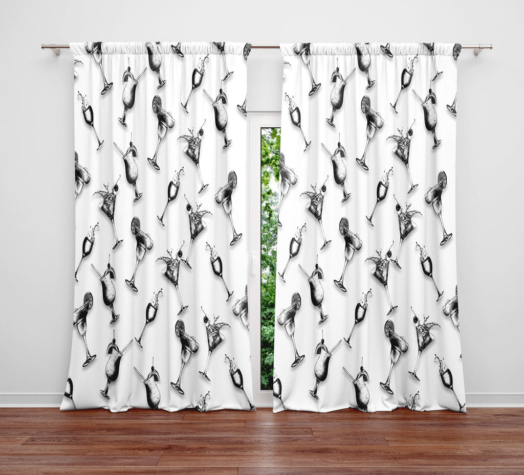 Black and White Cocktail Drinks Pattern Window Curtains - Deja Blue Studios