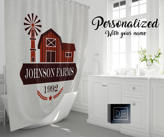 Personalized Rustic Red Barn Farmhouse Shower Curtain - Deja Blue Studios