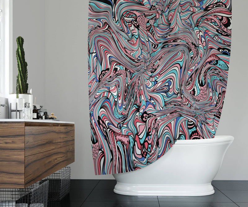 Pink and Blue Swirl Shower Curtain | Abstract Pattern Bath Decor - Deja Blue Studios