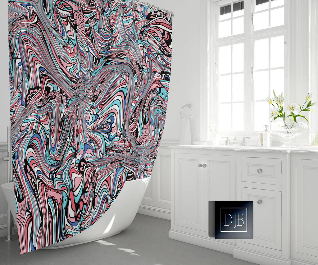Pink and Blue Swirl Shower Curtain | Abstract Pattern Bath Decor - Deja Blue Studios