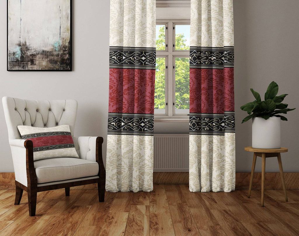 Beige and Burgundy Damask Pattern Window Curtains - Deja Blue Studios