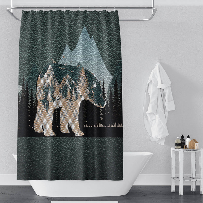 Rustic Mountains and Plaid Bear Shower Curtain | Forest, Wildlife Shower Curtain | Hunting, Outdoors - Deja Blue Studios