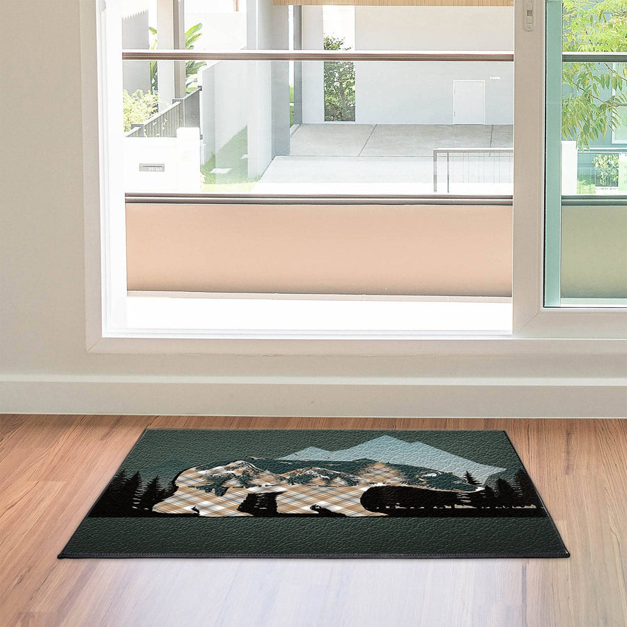 Green Rustic Plaid Bear Door Rug | Front Doormat | Hunting, Cabin, Cottage, Woodland | Housewarming Gift - Deja Blue Studios
