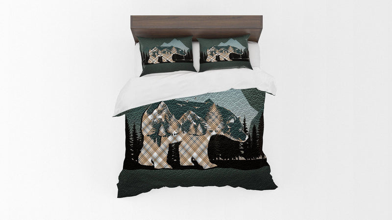 Green Rustic Plaid Bear Comforter or Duvet Cover | County, Cottage, Woodland | Twin, Queen, King Size - Deja Blue Studios