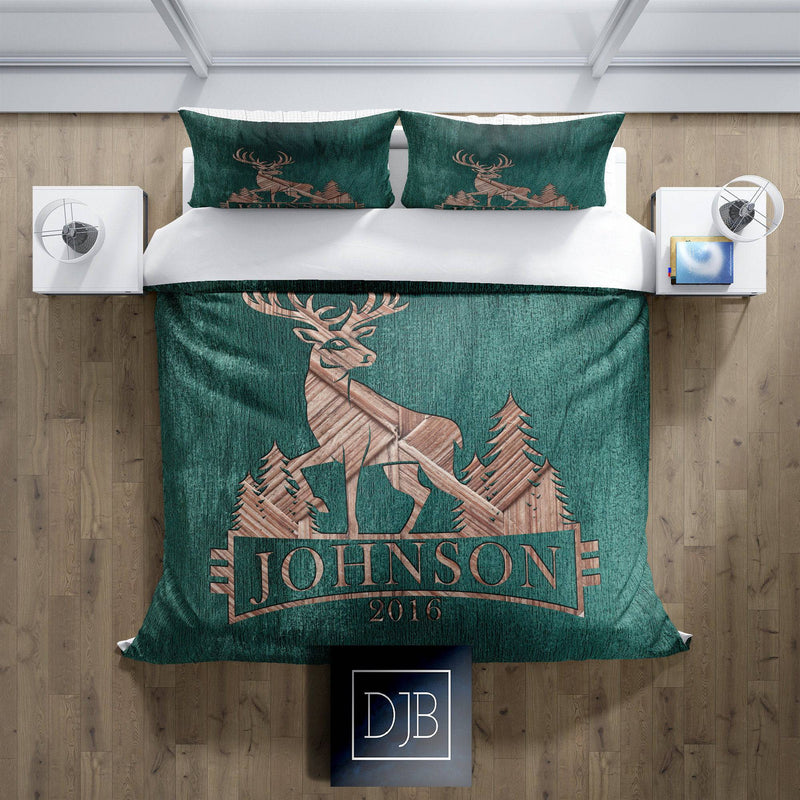 Personalized Whitetail Buck Comforter or Duvet Cover | Twin, Queen, King Size | Hunting, Rustic, Cottage - Deja Blue Studios