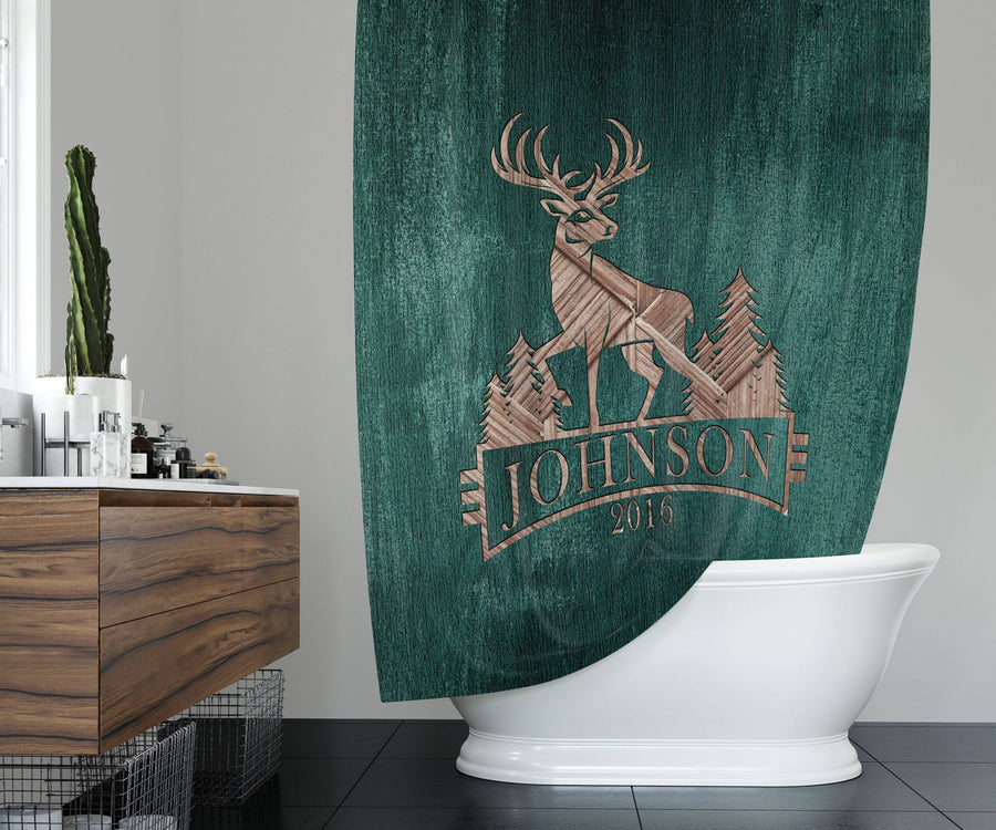 Personalized Rustic Whitetail Deer Shower Curtain | Hunting, Cottage, Cabin, Woodland - Deja Blue Studios