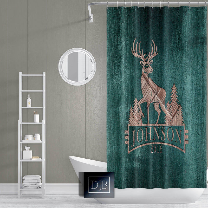 Personalized Rustic Whitetail Deer Shower Curtain | Hunting, Cottage, Cabin, Woodland - Deja Blue Studios