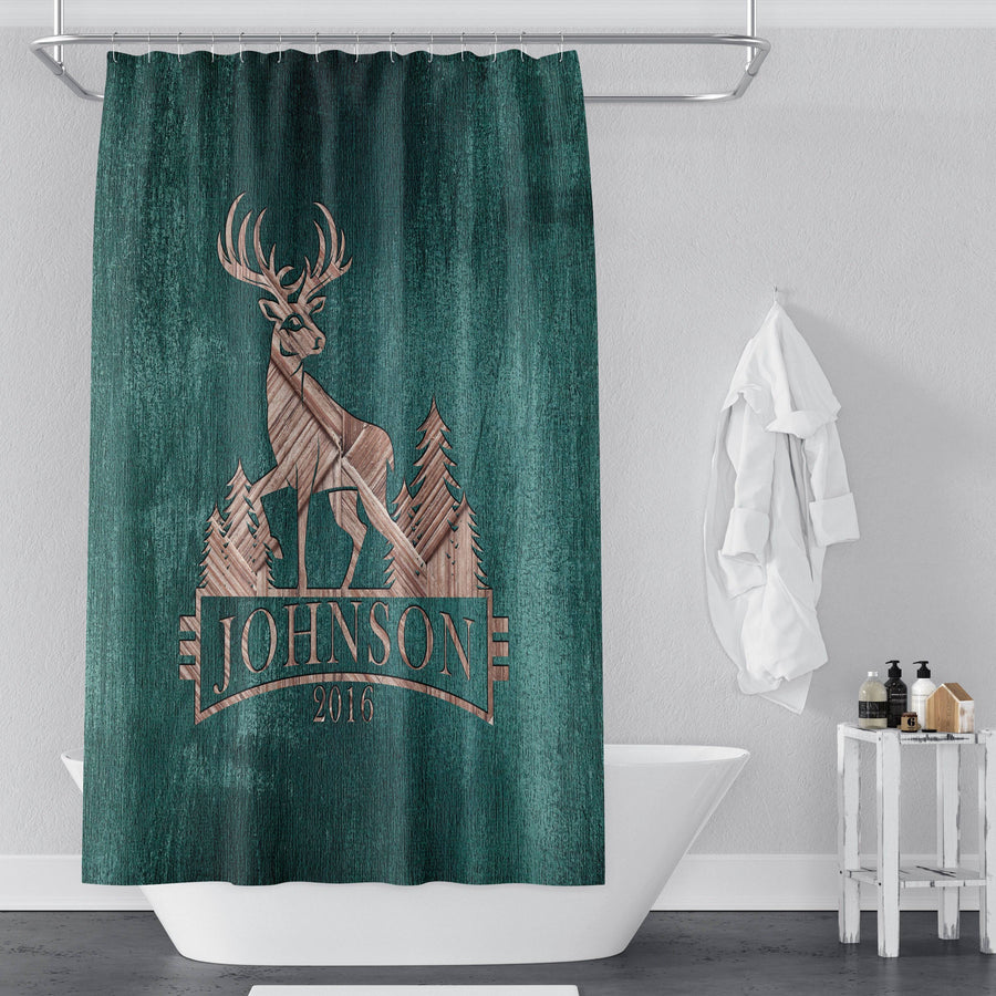 Personalized Rustic Whitetail Deer Shower Curtain | Hunting, Cottage, Cabin, Woodland - Deja Blue Studios