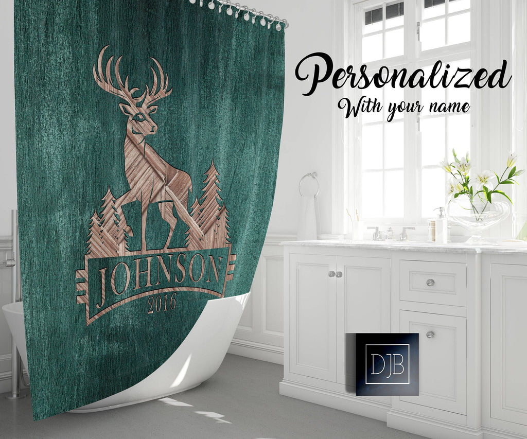 Personalized Rustic Whitetail Deer Shower Curtain | Hunting, Cottage, Cabin, Woodland - Deja Blue Studios
