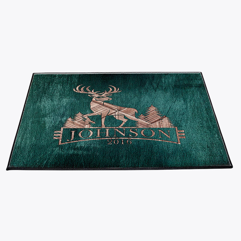 Personalized Green Whitetail Deer Door Rug | Front Doormat | Rustic, Cottage, Woodland, Cabin - Deja Blue Studios