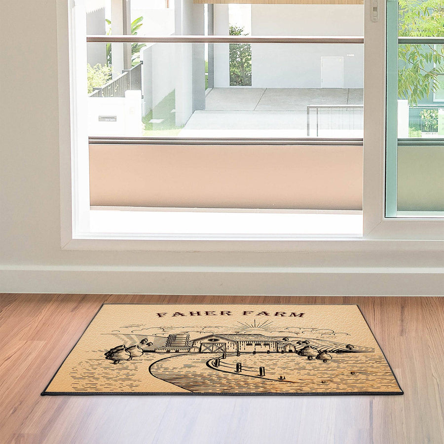 Personalized Tan Barn and Farm Field Door Rug | Front Doormat | Rustic, Cottage, Woodland, Cabin, Farmhouse - Deja Blue Studios