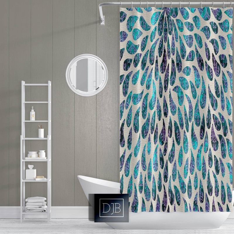 Victorian Rain Shower Curtain w/ Bathmat Set Options | Teal and Purple Paisley | Tear Drop Pattern Shower Set - Deja Blue Studios